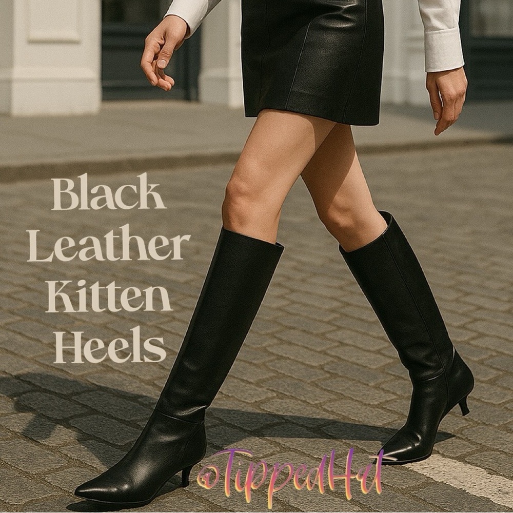 Gianni Bini Black Leather Knee-High Kitten Heel Boots
